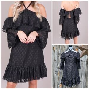 Black Shimmer Halter Dress Off Shoulder Flare Sleeve Ruffle Hayden LA Size S NWT